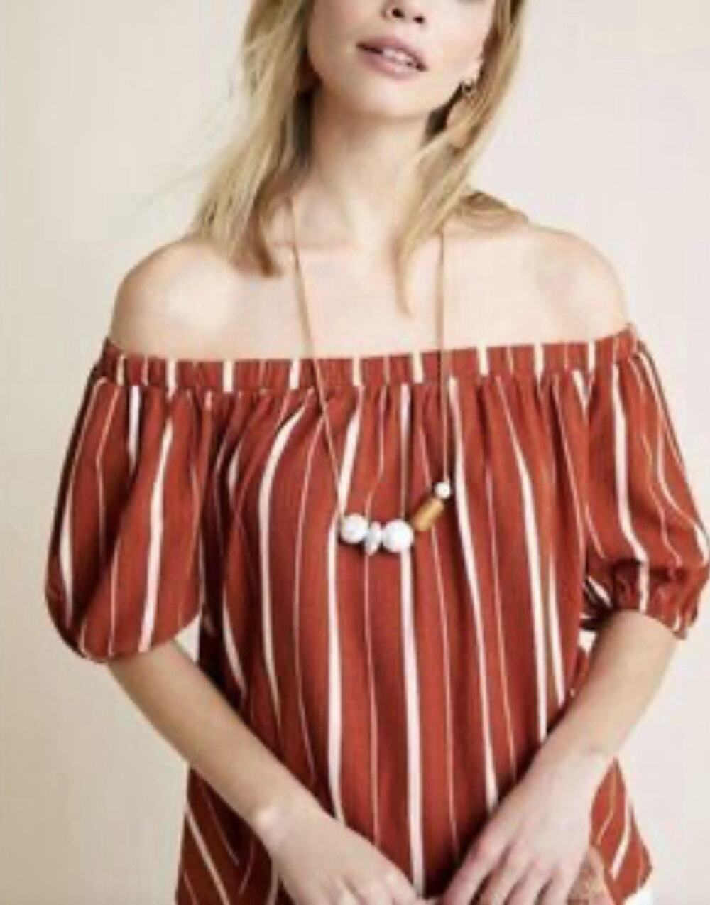 Anthropologie Off Shoulder Striped Shirt Blouse Top Medium Rust EUC